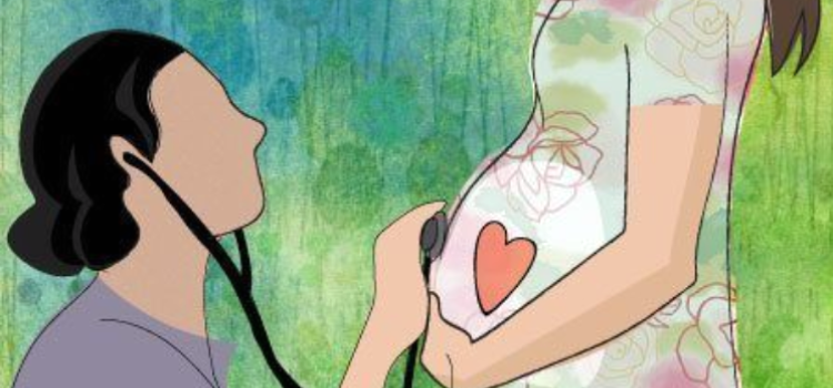 illustration of a midwife listening for a heartbeat with a stethoscope