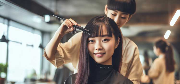 cosmetologist combs out clients hair after a styling
