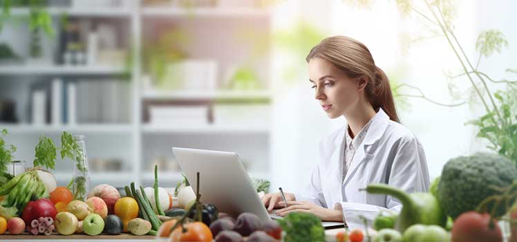 detoxification specialist on laptop with different foods and nutrients on her desk