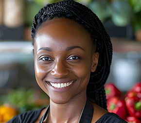 public health nutritionist stands before shelves of peppers and greens