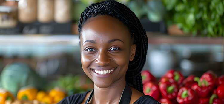 public health nutritionist stands before shelves of peppers and greens