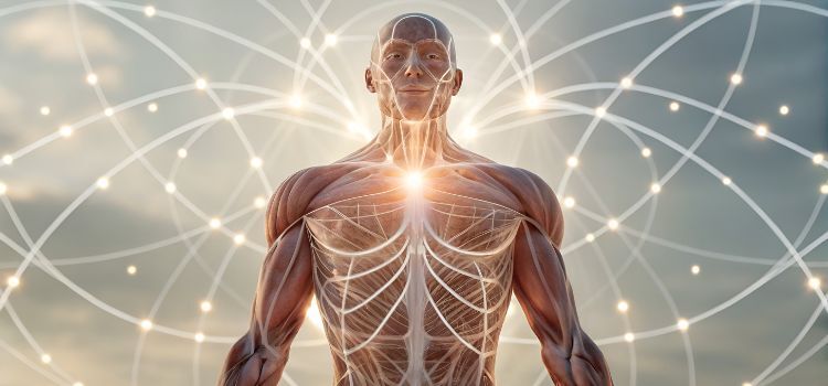 A digital illustration of a human figure with visible anatomy and glowing energy connections.